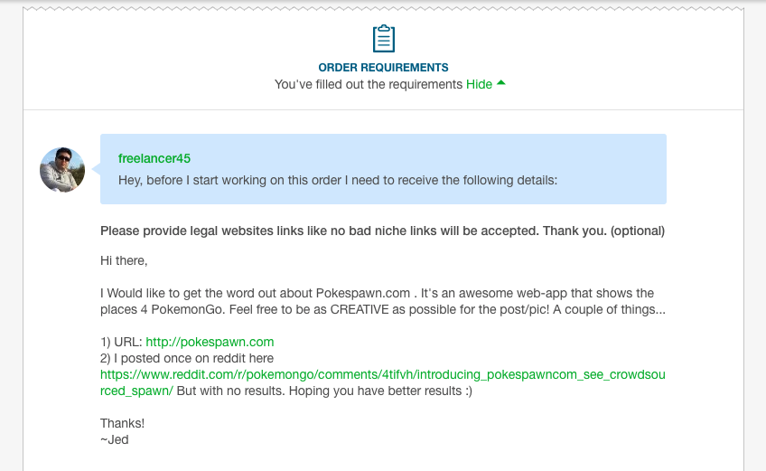 Reddit & Fiverr order sample